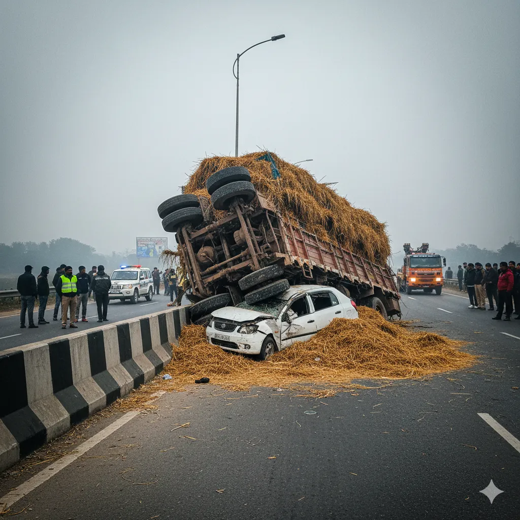 मुज़फ्फरनगर में खोई से भरा ओवरलोड ट्रक कार पर पलटा, संधावली ओवर ब्रिज पर दर्दनाक हादसा, हरियाणा के दंपति गंभीर घायल