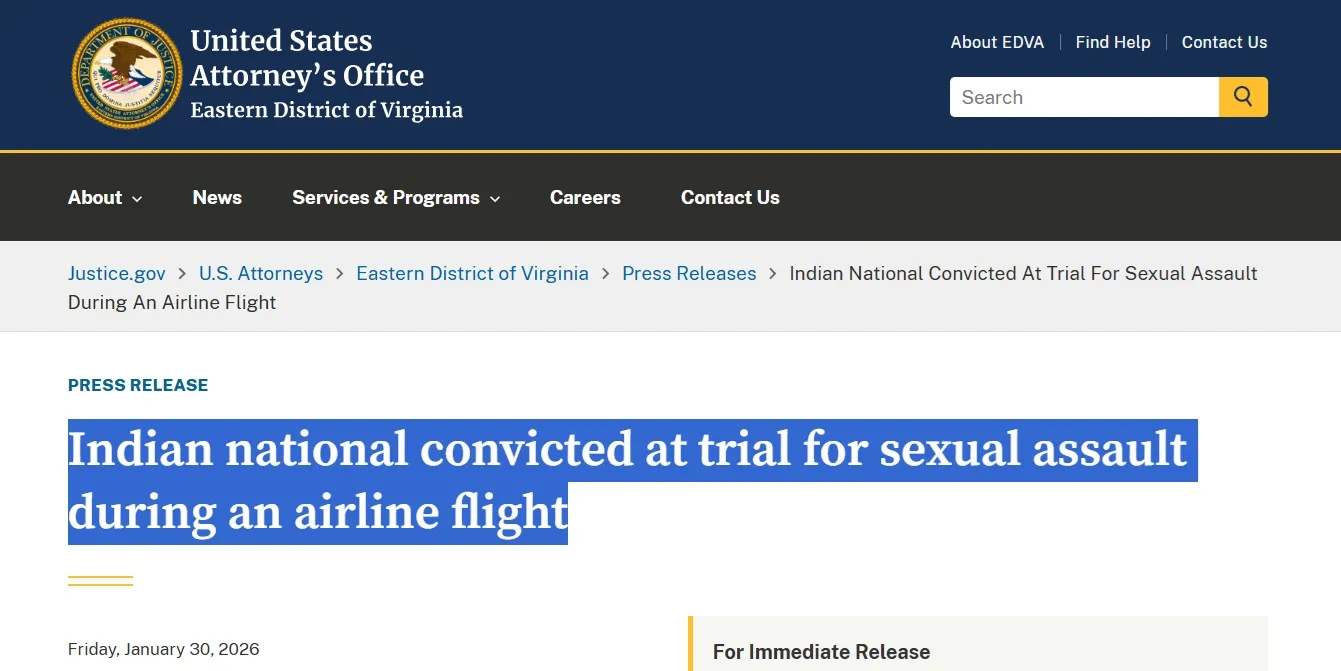 अमेरिका में फेडरल जूरी ने भारतीय युवक को फ्लाइट में यौन उत्पीड़न के आरोप में दोषी ठहराया, सात मई को सुनाई जाएगी सजा