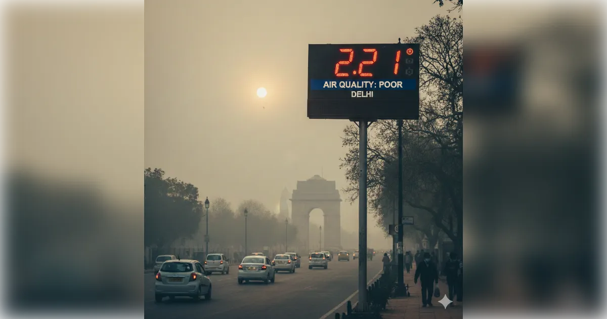 दिल्ली में फिर लौटी 'खराब' हवा: एक्यूआई 221 पहुंचा, हल्की ठंड के बीच प्रदूषण ने बढ़ाई चिंता