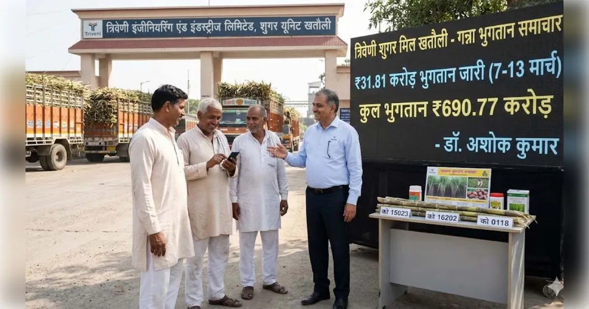 मुजफ्फरनगर:त्रिवेणी शुगर मिल खतौली ने किया 31.81 करोड़ का गन्ना भुगतान, किसानों के बैंक खातों में भेजी गई धनराशि, अब तक 690 करोड़ से अधिक की राशि जारी