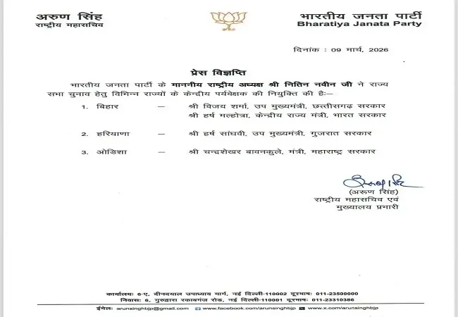 राज्यसभा चुनाव: भाजपा ने बिहार के लिए नियुक्त किए दो पर्यवेक्षक, 16 मार्च को होगा मतदान