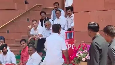 प्रदर्शन के बीच राहुल गांधी की ‘चाय पर चर्चा’, मकर द्वार पर सांसदों संग दिखे