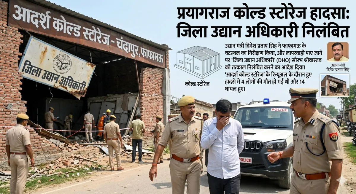 प्रयागराज कोल्ड स्टोरेज हादसा: जिला उद्यान अधिकारी निलंबित; उद्यान मंत्री दिनेश प्रताप सिंह ने फाफामऊ में लिया कड़ा फैसला