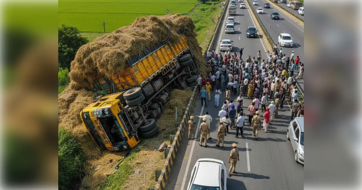 मुजफ्फरनगर के मंसूरपुर में अनियंत्रित होकर पलटा ओवरलोड भूसे का ट्रक, टला बड़ा हादसा