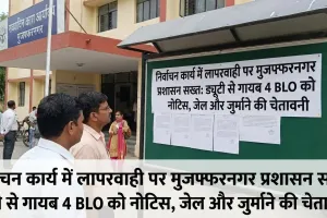  मुजफ्फरनगर में निर्वाचन कार्य में लापरवाही पर प्रशासन सख्त: ड्यूटी से गायब 4 BLO को नोटिस, जेल और जुर्माने की चेतावनी