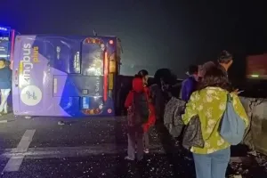 आगरा-लखनऊ एक्सप्रेस-वे पर बेकाबू हाेकर डबल डेकर बस पलटी, 12 यात्री घायल