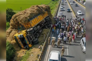 मुजफ्फरनगर के मंसूरपुर में अनियंत्रित होकर पलटा ओवरलोड भूसे का ट्रक, टला बड़ा हादसा