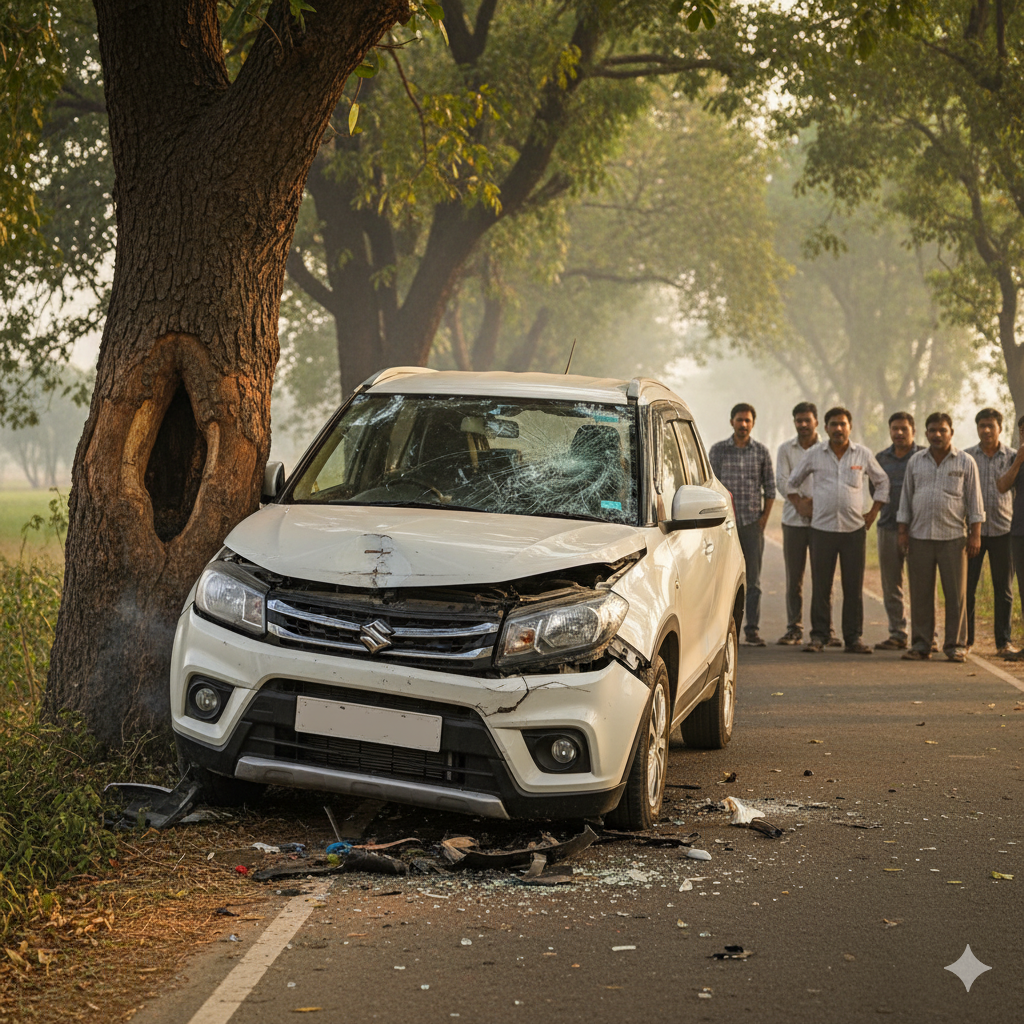 मुजफ्फरनगर में टायर फटने से पेड़ से टकराई कार, दो महिलाओं और बच्चों समेत पांच घायल