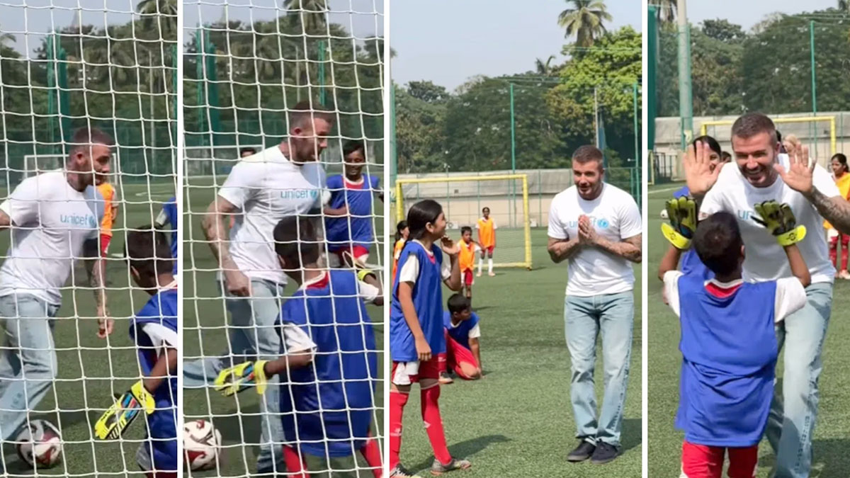 मुंबई में बच्चों संग फुटबॉल खेलते दिखे डेविड बेकहम; नन्हे गोलकीपर को छकाकर गोल दागा, फिर हाथ जोड़कर मांगी माफी