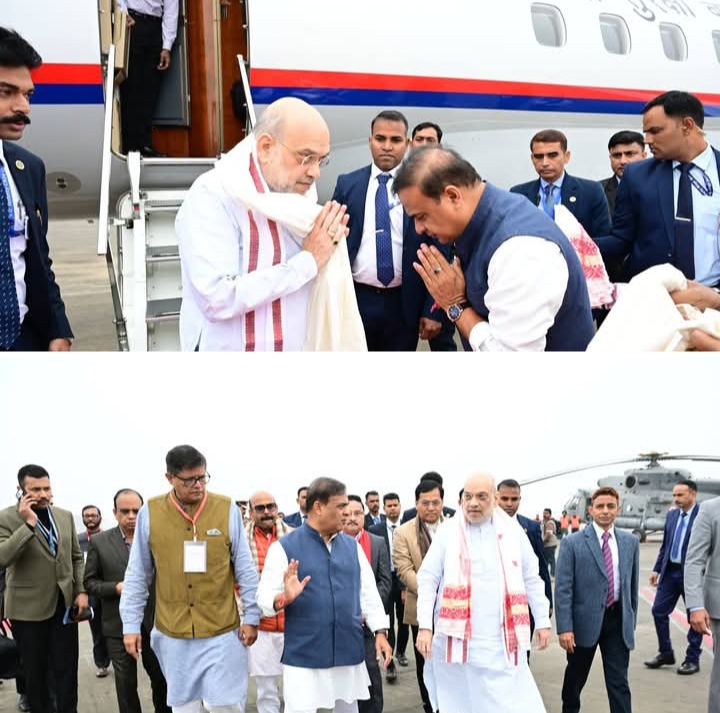 अमित शाह पहुंचे गुवाहाटी: एयरपोर्ट पर सीएम हिमंत बिस्वा सरमा ने किया स्वागत; विकास परियोजनाओं की देंगे सौगात