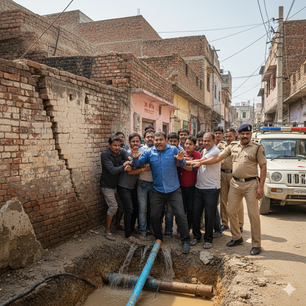 जल निगम की लापरवाही पर फूटा जनता का गुस्सा, शाहवाड़ा में मकानों में आई दरारें, जेई को घंटों बनाया बंधक