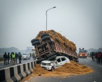 मुज़फ्फरनगर में खोई से भरा ओवरलोड ट्रक कार पर पलटा, संधावली ओवर ब्रिज पर दर्दनाक हादसा, हरियाणा के दंपति गंभीर घायल
